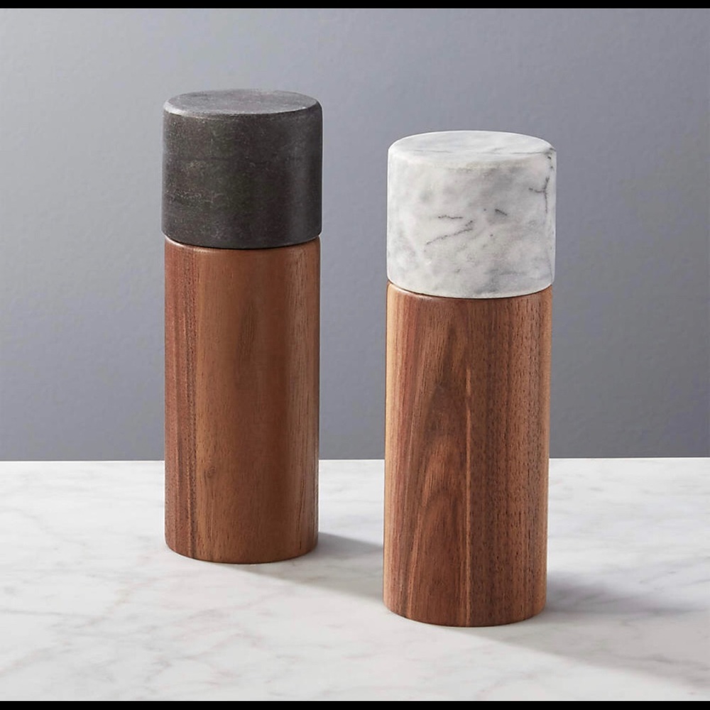 CB2 Walnut and marble salt and pepper grinder set